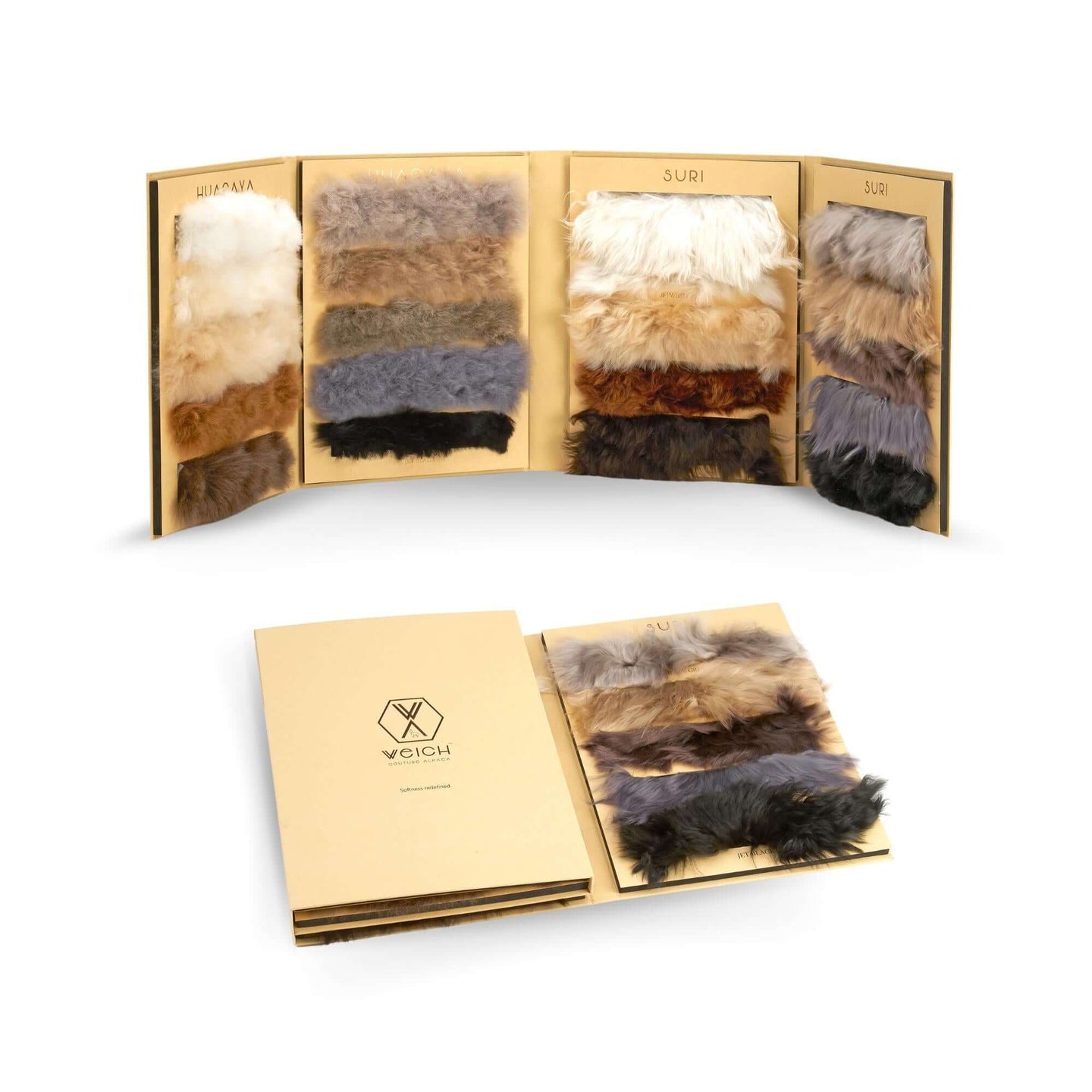 Fellmustermappe aus Alpaka als Entscheidungshilfe für WEICH Couture Alpaca Produkte